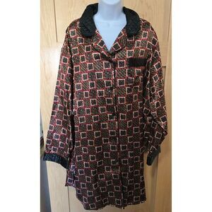 Vintage Geometric Print Satin Pajama Top With Quilted Collar & Pocket